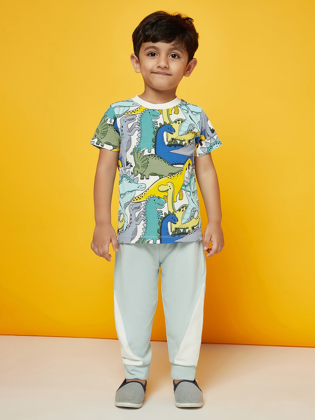 Kid Boys' Multi-Color Dinosaur Printed T-Shirt and Light Blue Jogger Set