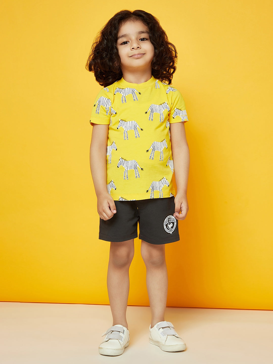 Kid Boys Yellow Zebra Print T-Shirt and Dark Shorts Set!