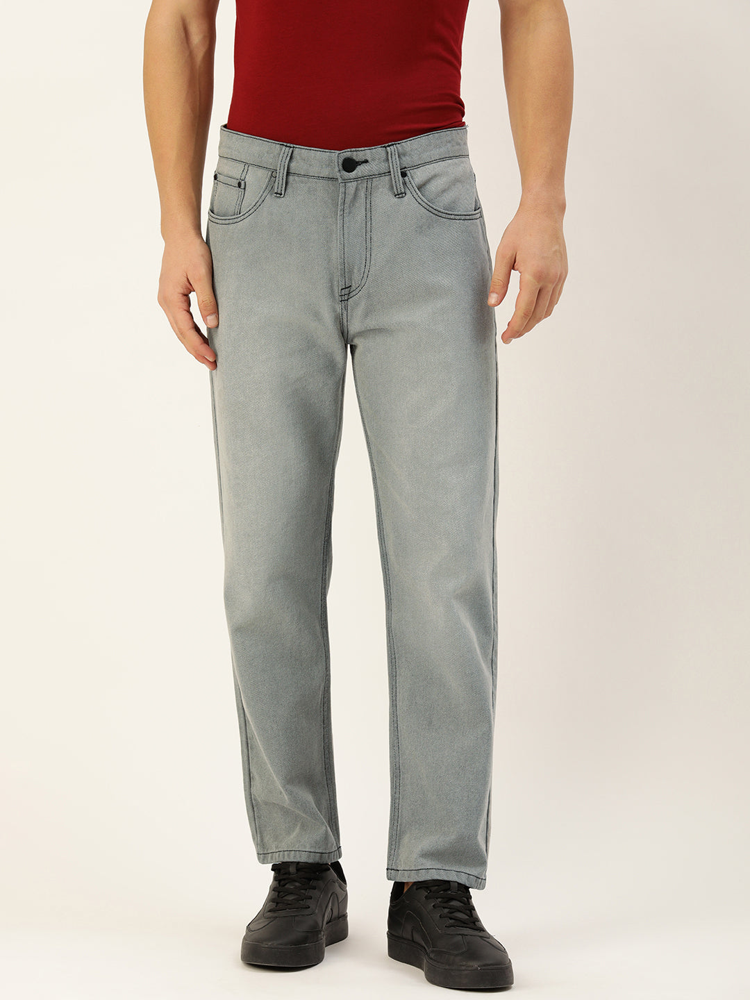 Men Light Grey Relaxed Fit Solid Jeans