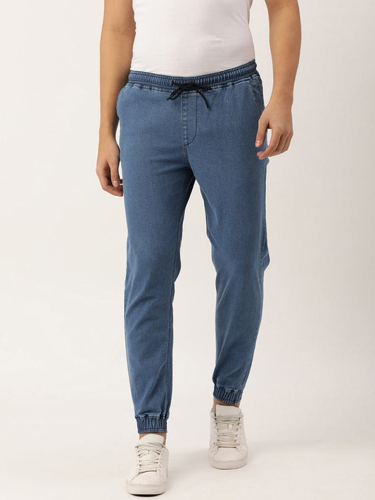 Men Mid Blue Slim Fit Solid Jogger Jeans