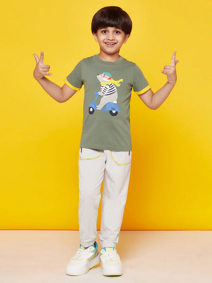 Kid Boys' Olive Round Neck Summer T-Shirt and White Pant Set