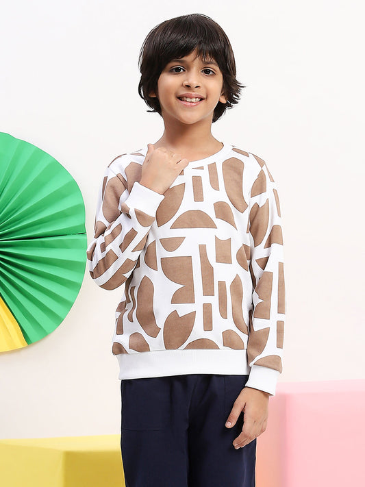 Spunkies Terry Cotton-Poly Blend Printed Full Sleeve White Sweatshirt for Boys