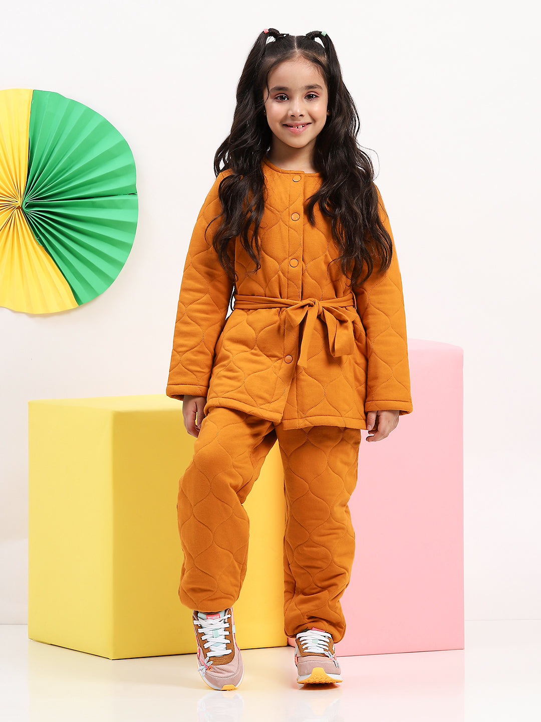 Girls' Quilted Mustard Jacket & Pant Set - Cozy & Stylish Two-Piece Outfit