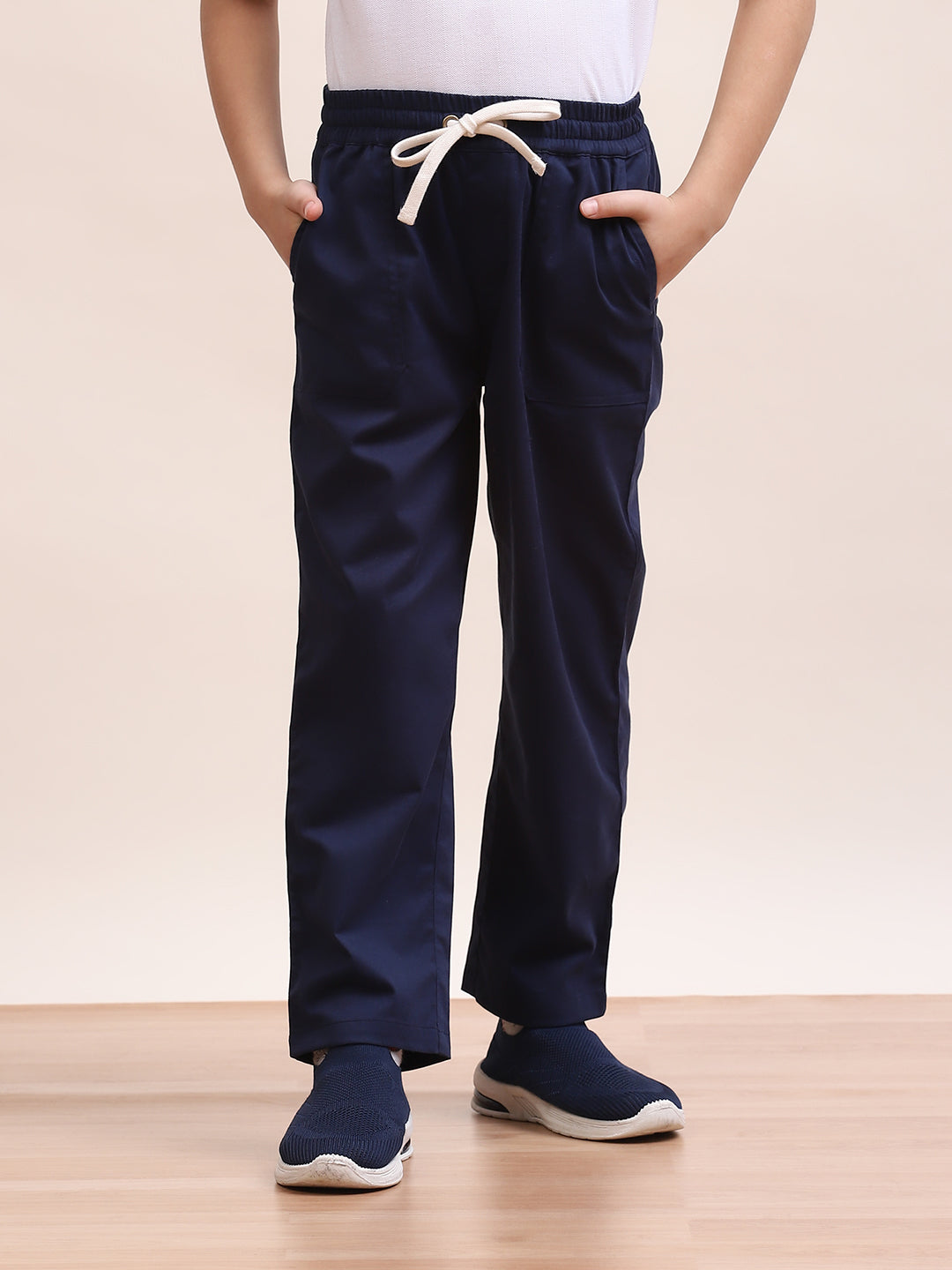 Spunkies Twill Cotton Woven Solid Regular Casual Wear Pant Boys Navy Blue Soft Fabric