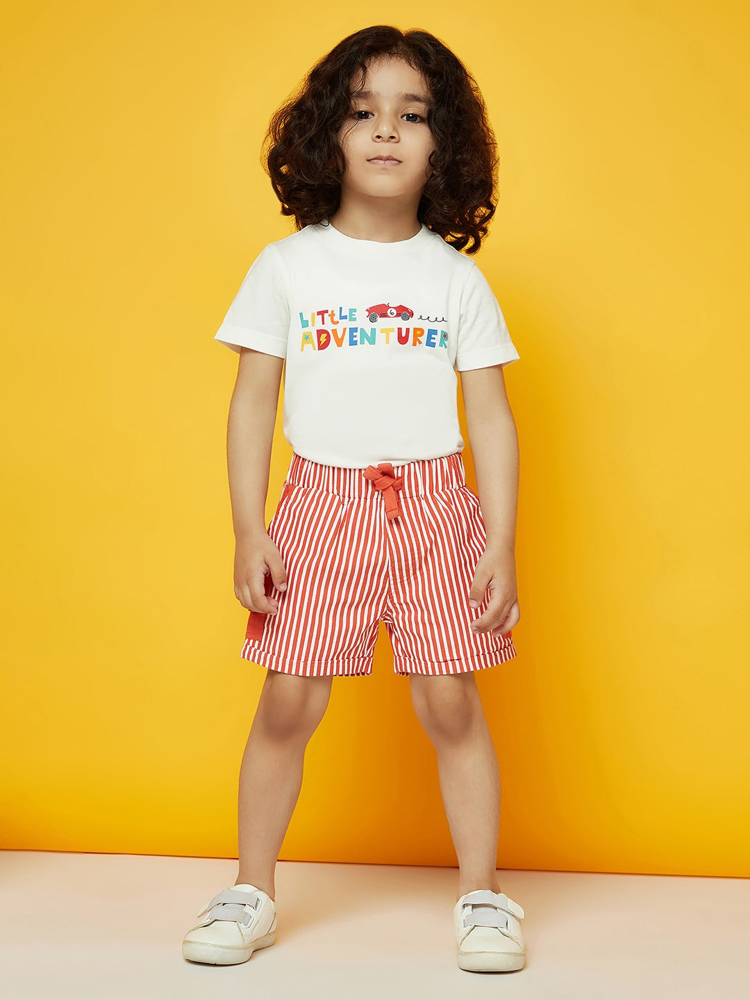 Kid Boys White T-Shirt and Orange Striped Shorts Set