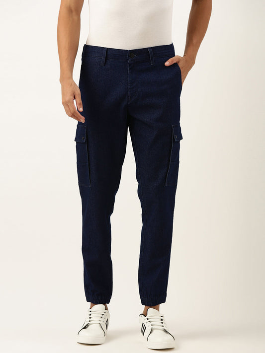 Men Blue Regular Fit Solid Cargo Jogger Jeans