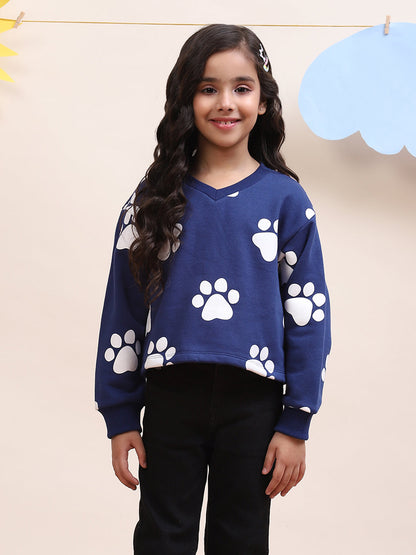 Girls Navy Blue Paw Print Sweatshirt