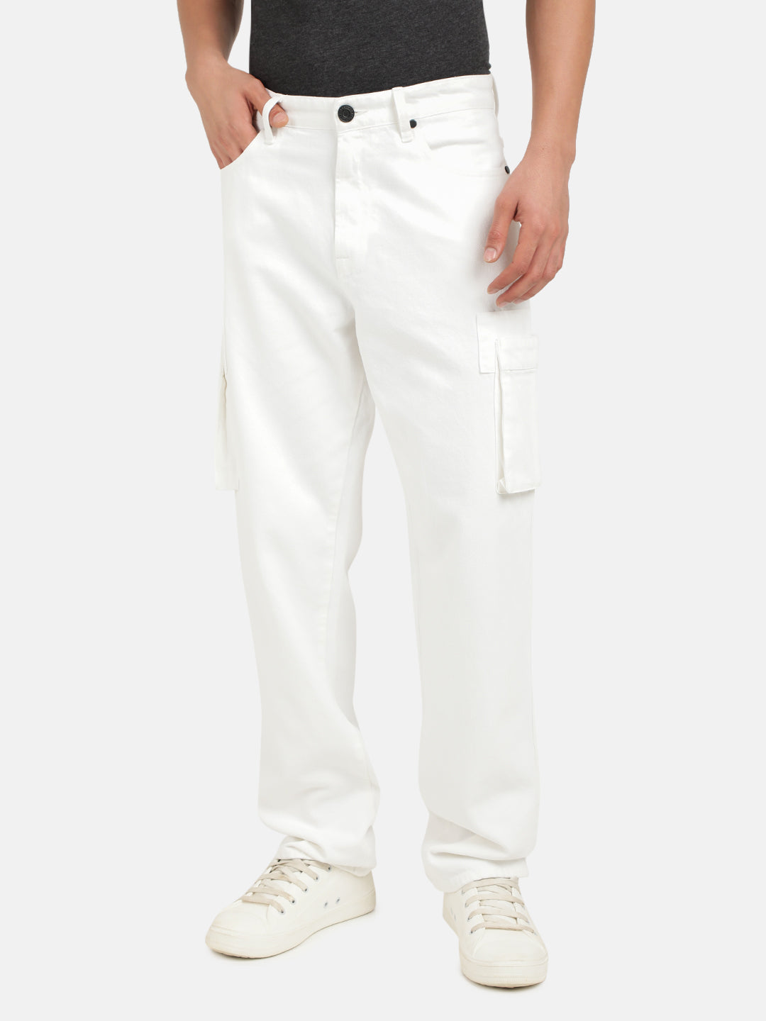 Men White Straight Fit Solid Denim Cargo Jeans