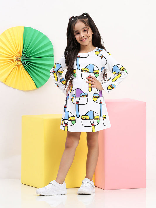 Spunkies Rayon Jersey Knit Printed Regular Casual Wear Dress Girls Full Sleeve Multi Soft Fabric