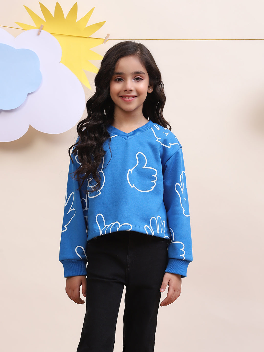 Girls Blue Thumbs-Up and Hand-Print Sweatshirt