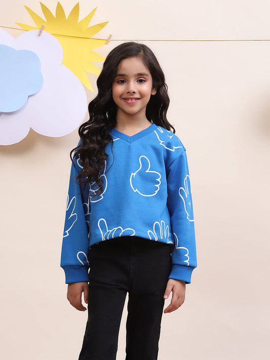 Girls Blue Thumbs-Up and Hand-Print Sweatshirt