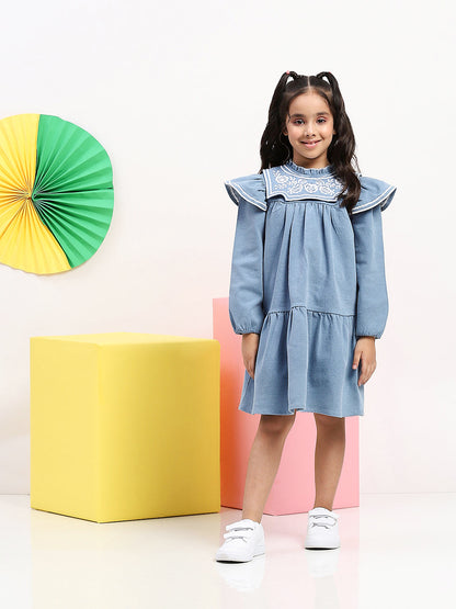 Chic Blue Denim Dress for Girls with Embroidered Yoke