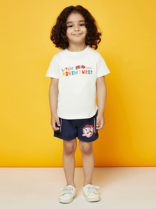 Kid Boys White Round Neck T-Shirt and Black Logo Shorts Set