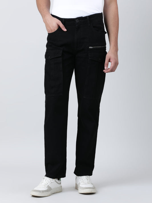 Men Black Relaxed Fit Solid Denim Cargo Jeans