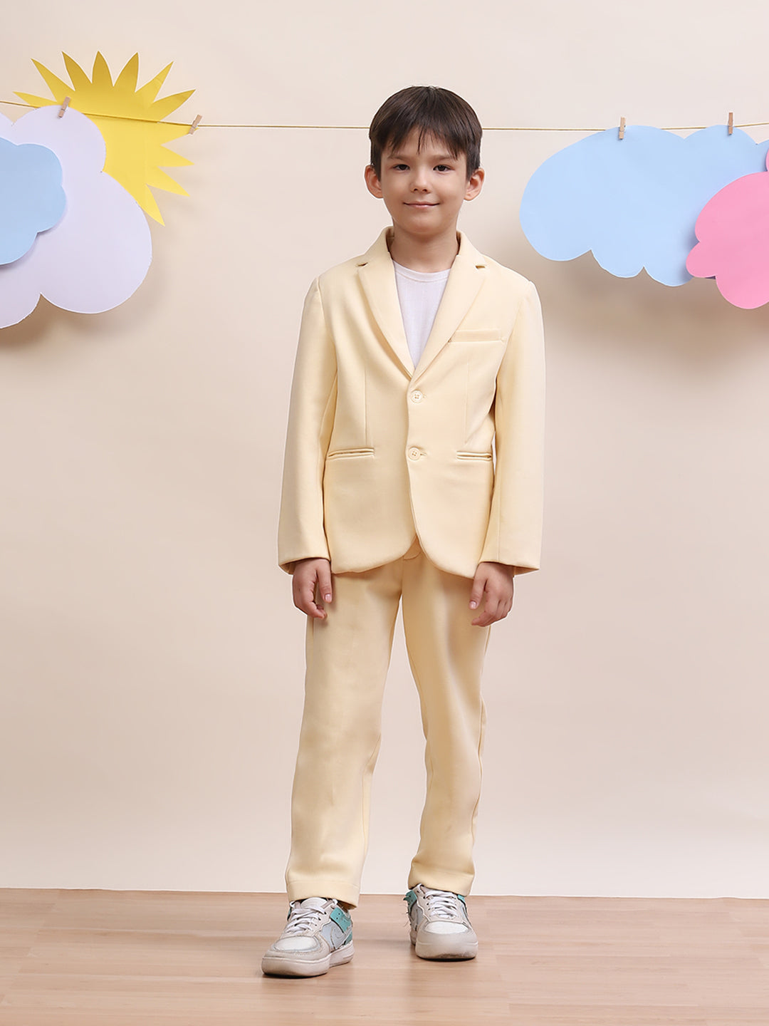 Boys' Pastel Yellow Blazer & Trouser Suit Set - Stylish & Elegant Outfit