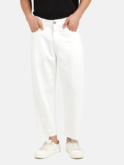 Men White Loose Relaxed Fit Solid Cropped Jeans