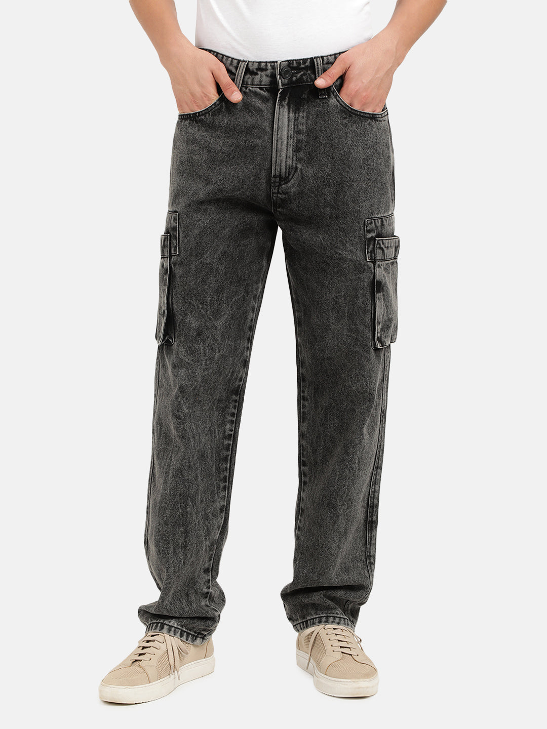 Men Grey Straight Fit Solid Denim Cargo Jeans