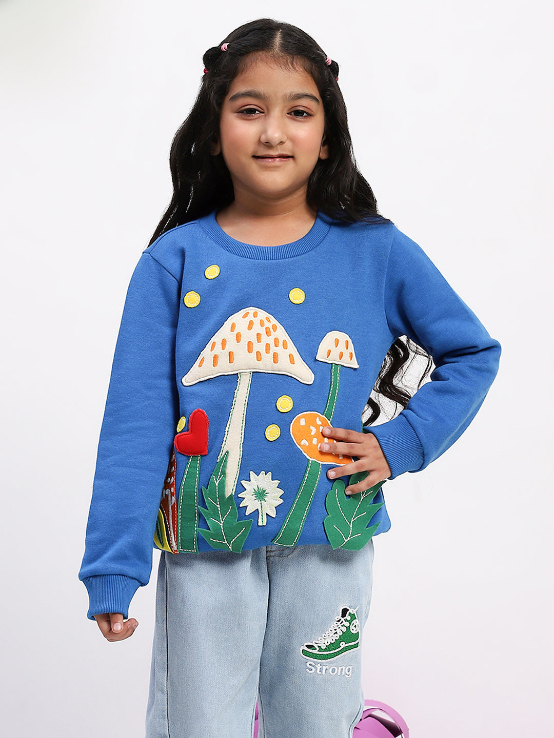 Spunkies Cotton Fleece Knit Padded Mushroom Embroidered Blue Sleeves Girls Sweatshirt