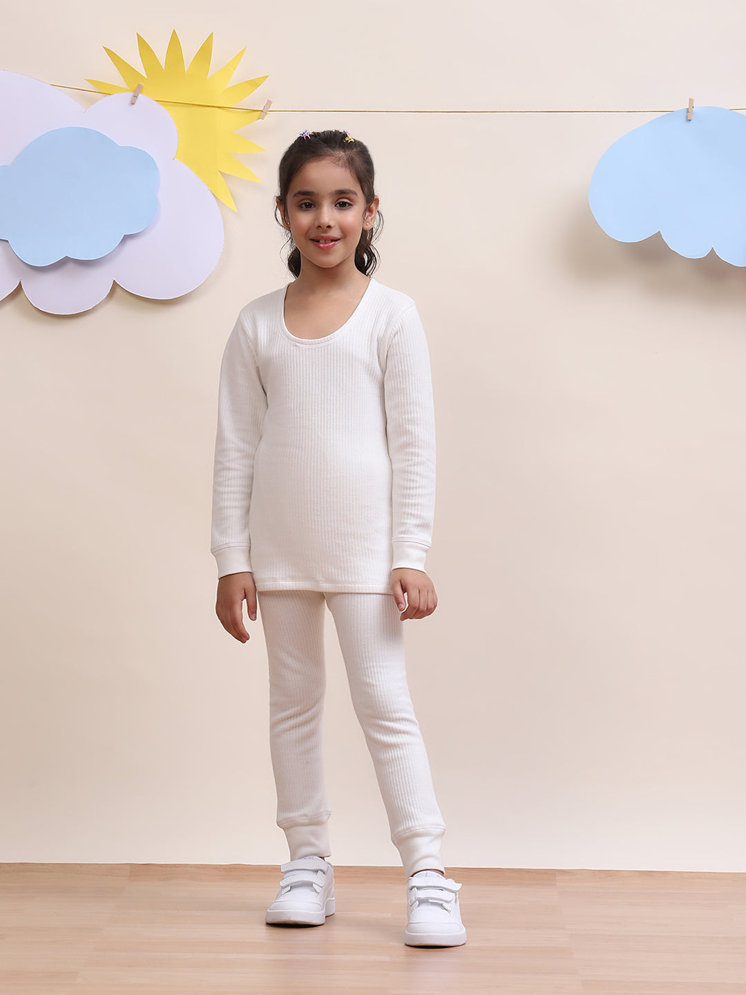 Unisex Kids' Thermal Set - Cozy White Long Sleeve Top & Bottom