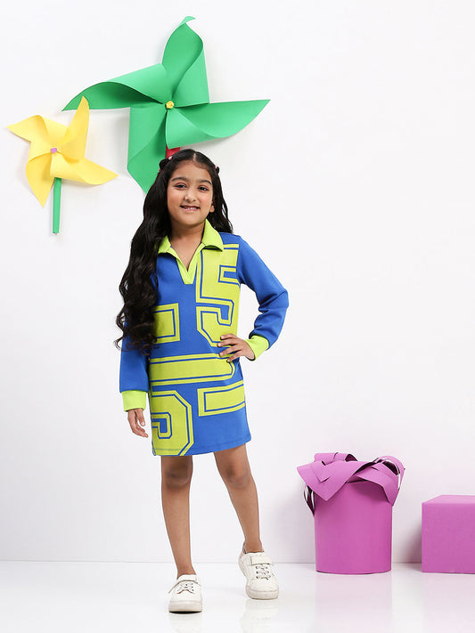 Girls Blue and Green Geometric Print Dress