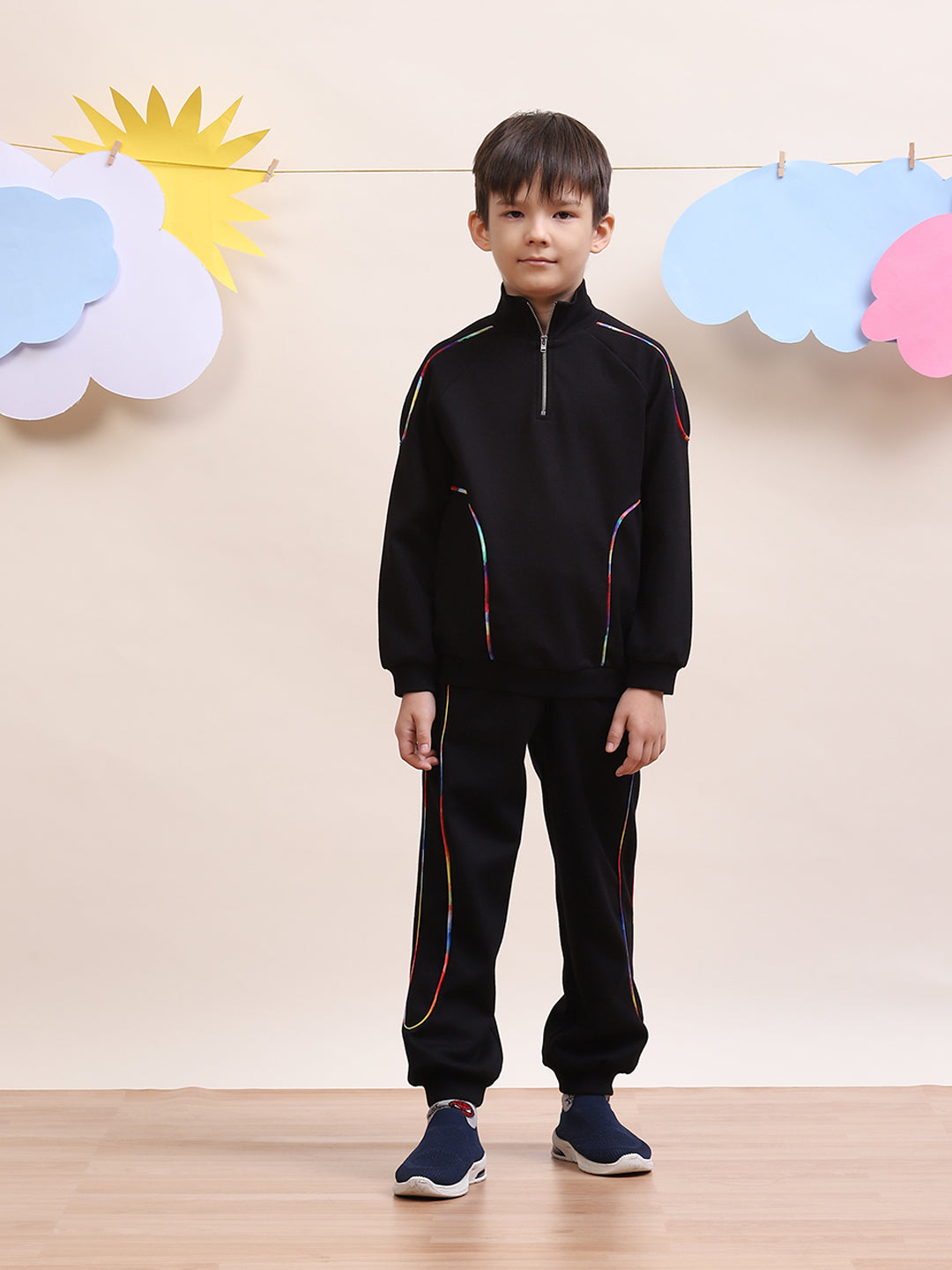 Unisex Black Tracksuit Set with Rainbow Piping