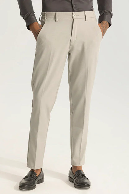 Cream Self-Design Slim Fit Trousers