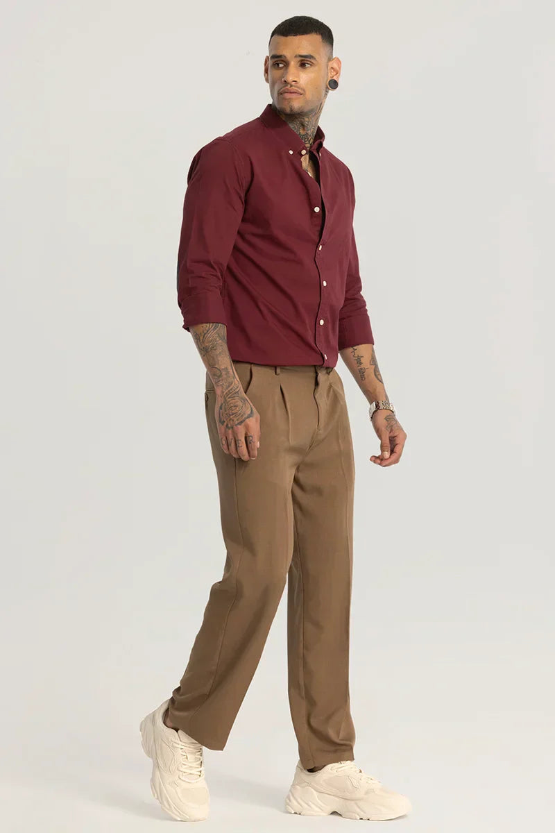 Brown Plain Relaxed Fit Trousers