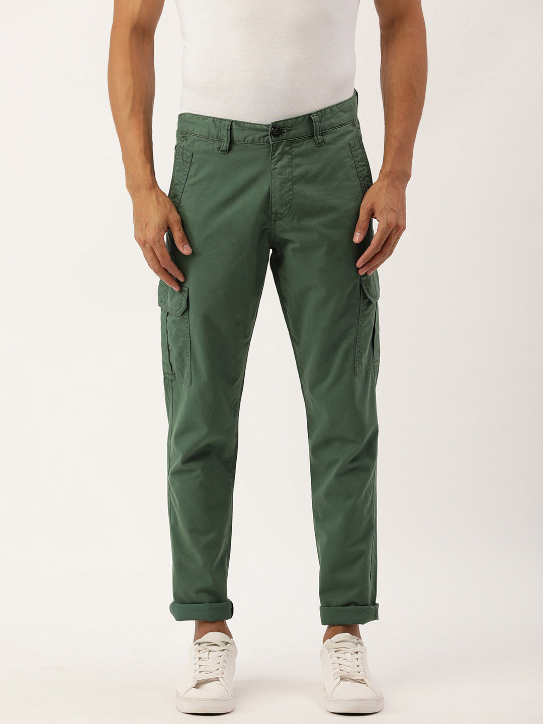 Men Basil Green Slim Fit Solid Cargo Trouser