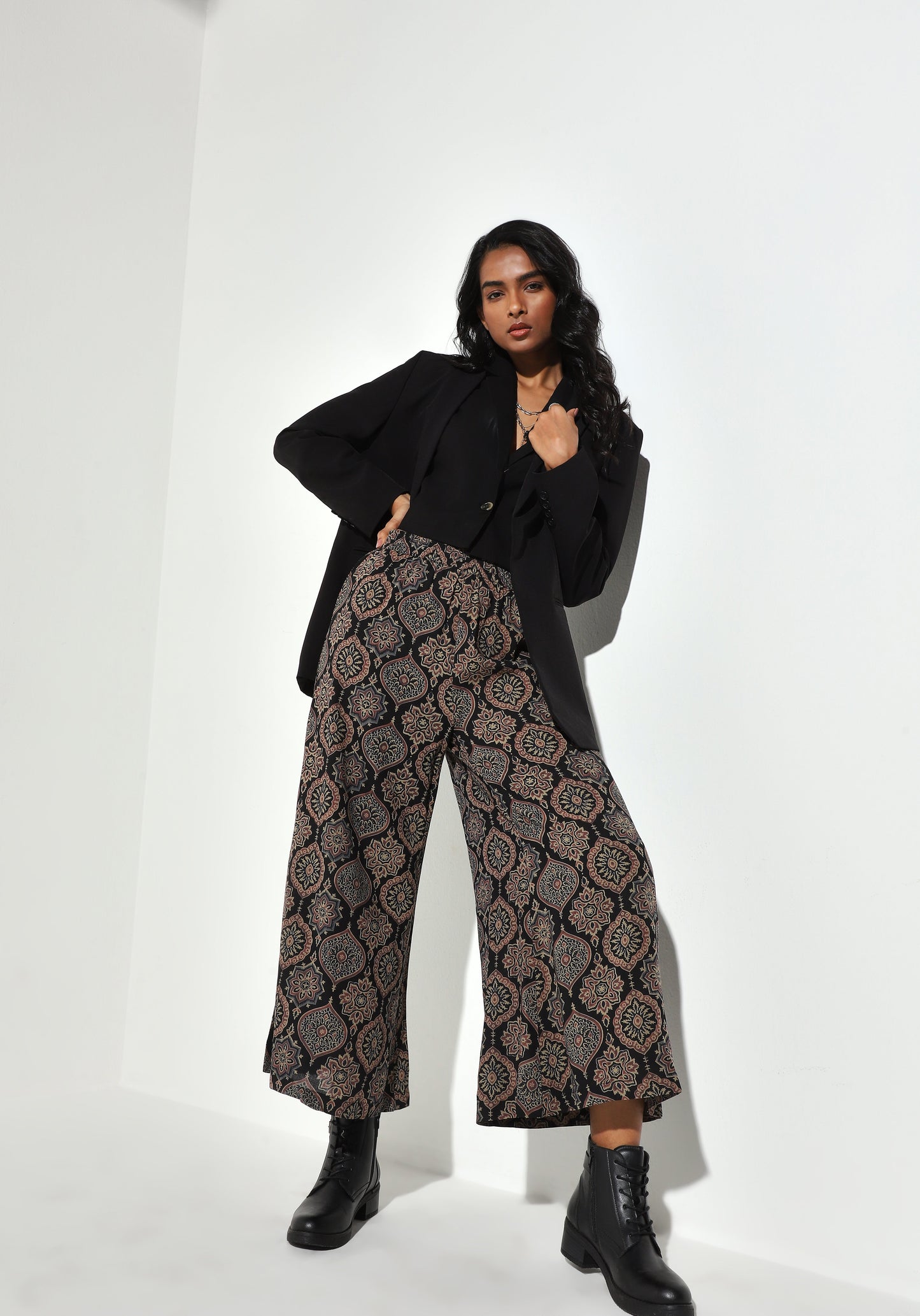 Utsa Black Printed Mid Rise Palazzos