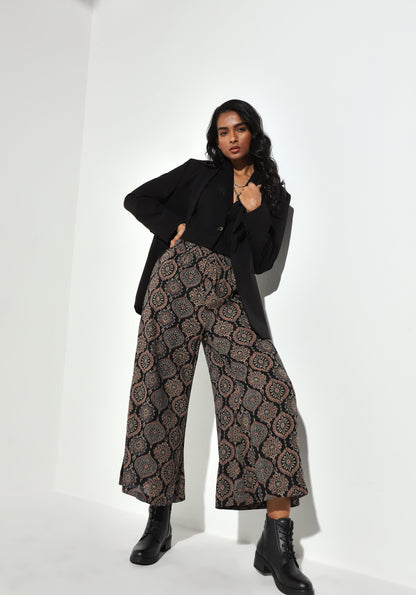 Utsa Black Printed Mid Rise Palazzos