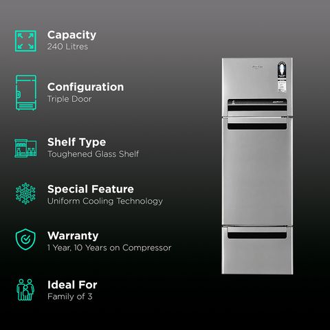 Whirlpool FP 263D Protton Roy 215 Litres Frost Free Triple Door Refrigerator with 6th Sense ActiveFresh Technology (20807, Alpha Steel)