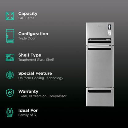 Whirlpool FP 263D Protton Roy 215 Litres Frost Free Triple Door Refrigerator with 6th Sense ActiveFresh Technology (20807, Alpha Steel)