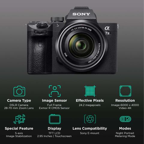 SONY Alpha 7 III 24.2MP Full Frame Camera (28-70 mm Lens, 35.6 x 23.8 mm Sensor, Tiltable LCD Screen)