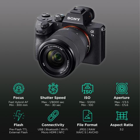 SONY Alpha 7 III 24.2MP Full Frame Camera (28-70 mm Lens, 35.6 x 23.8 mm Sensor, Tiltable LCD Screen)