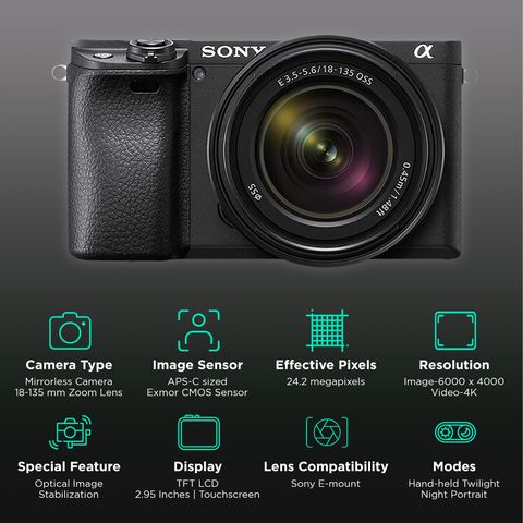 SONY Alpha 6400 24.2MP Mirrorless Camera (18-135 mm Lens, 23.5 x 15.6 mm Sensor, Tiltable LCD Screen)