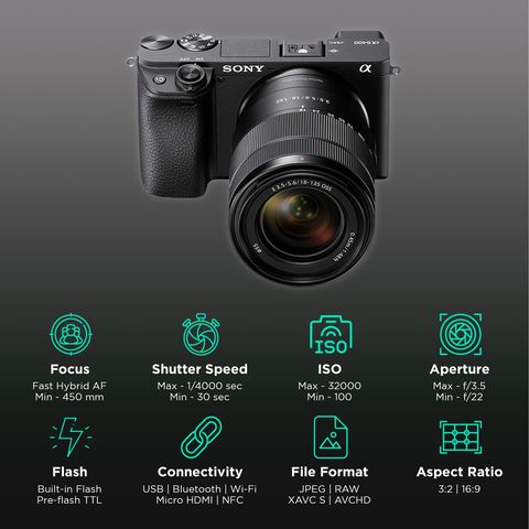 SONY Alpha 6400 24.2MP Mirrorless Camera (18-135 mm Lens, 23.5 x 15.6 mm Sensor, Tiltable LCD Screen)