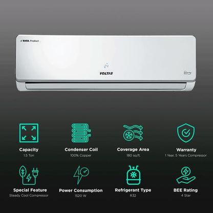 VOLTAS 1.5 Ton 4 Star Inverter Split AC (Copper Condenser, Dust Filter, 184V SZS)