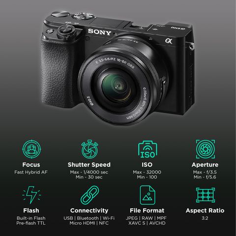 SONY Alpha 6100 24.2MP Mirrorless Camera (16-50 mm Lens, 23.5 x 15.6 mm Sensor, Tiltable LCD Screen)