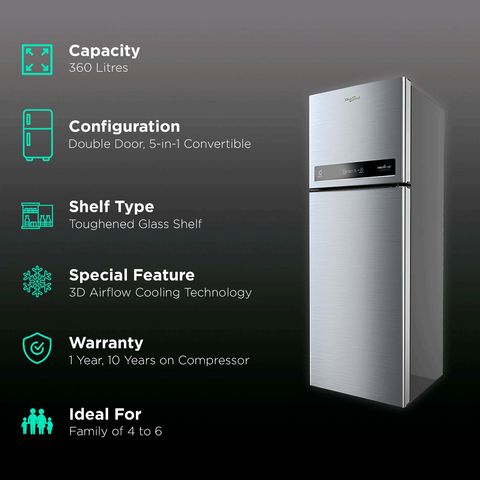 Whirlpool Intellifresh 360 Litres 3 Star Frost Free Double Door Convertible Refrigerator with AI Technology (IF INV CNV 375 COO, Cool Illusia)