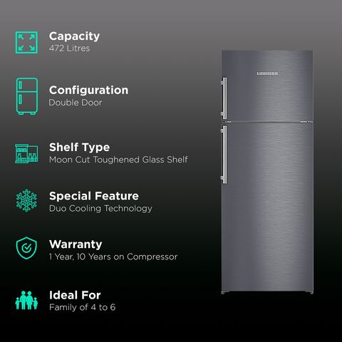 LIEBHERR 472 Litres 2 Star Frost Free Double Door Refrigerator with DuoCooling Technology (TDCS 4740-20, Cobalt Steel)