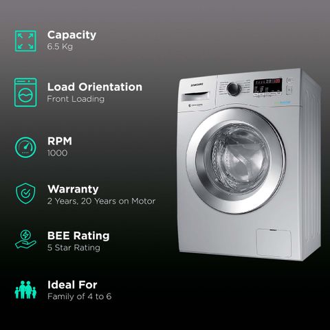 SAMSUNG 6.5 kg 5 Star Fully Automatic Front Load Washing Machine (12 Wash Programs, WW66R20GKSS/TL, Silver)