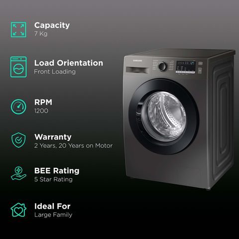 SAMSUNG 7 kg 5 Star Inverter Fully Automatic Front Load Washing Machine (WW70T4020CX/TL, Diamond Drum, Inox)