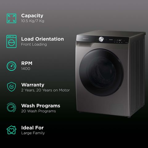 SAMSUNG 10.5/7 kg Inverter Fully Automatic Front Load Washer Dryer (WD10T704DBX/TL, AI Control Display, Inox)