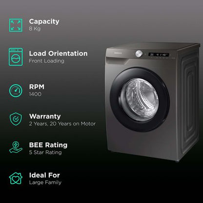 SAMSUNG 8 kg 5 Star Inverter Fully Automatic Front Load Washing Machine (WW80T504DAN/TL, AI Control Display, Inox)