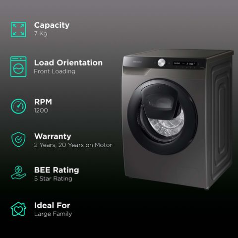 SAMSUNG 7 kg 5 Star Inverter Fully Automatic Front Load Washing Machine (WW70T552DAX/TL, AI Control Display, Inox)