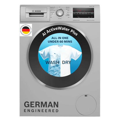 BOSCH 9/6 kg 5 Star Inverter Fully Automatic Front Load Washer Dryer (Series 4, WNA14408IN, Anti-Vibration Side Panel, Silver)