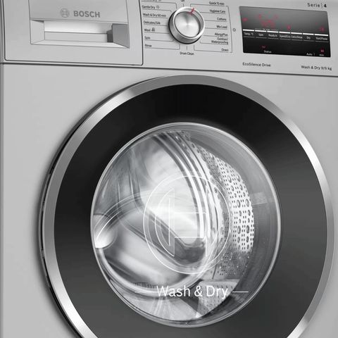 BOSCH 9/6 kg 5 Star Inverter Fully Automatic Front Load Washer Dryer (Series 4, WNA14408IN, Anti-Vibration Side Panel, Silver)