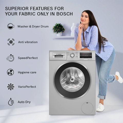 BOSCH 9/6 kg 5 Star Inverter Fully Automatic Front Load Washer Dryer (Series 4, WNA14408IN, Anti-Vibration Side Panel, Silver)