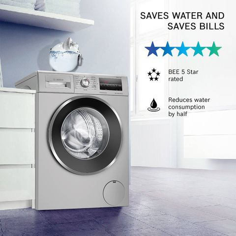 BOSCH 9/6 kg 5 Star Inverter Fully Automatic Front Load Washer Dryer (Series 4, WNA14408IN, Anti-Vibration Side Panel, Silver)