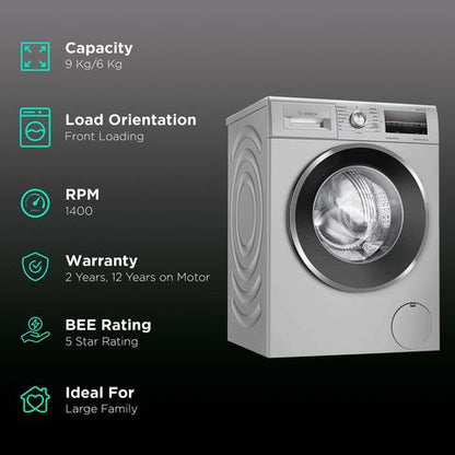 BOSCH 9/6 kg 5 Star Inverter Fully Automatic Front Load Washer Dryer (Series 4, WNA14408IN, Anti-Vibration Side Panel, Silver)